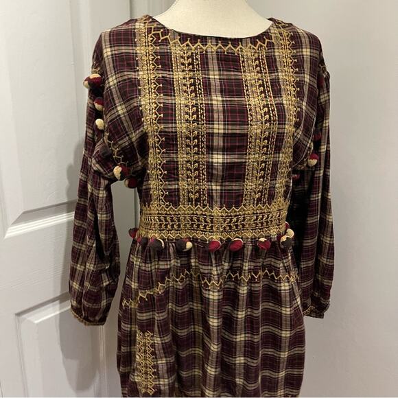 Zara Burgundy Plaid Embroidered Pom Pom Dress Size Small - Picture 6 of 14